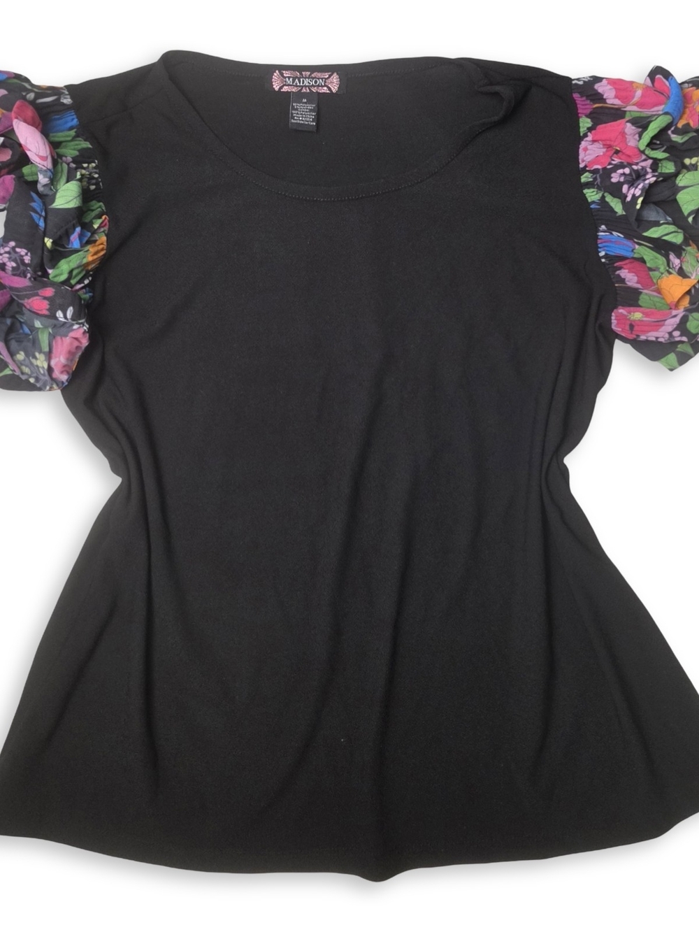 Madison Black W Bright Floral Ruffle Puff Sleeve Blouse Women's M Stretch Top